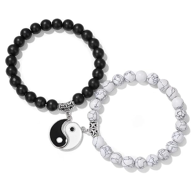 Yin-Yang Couple Bracelets Set – Matching Black & White Beaded Charm Bracelets for Lovers
