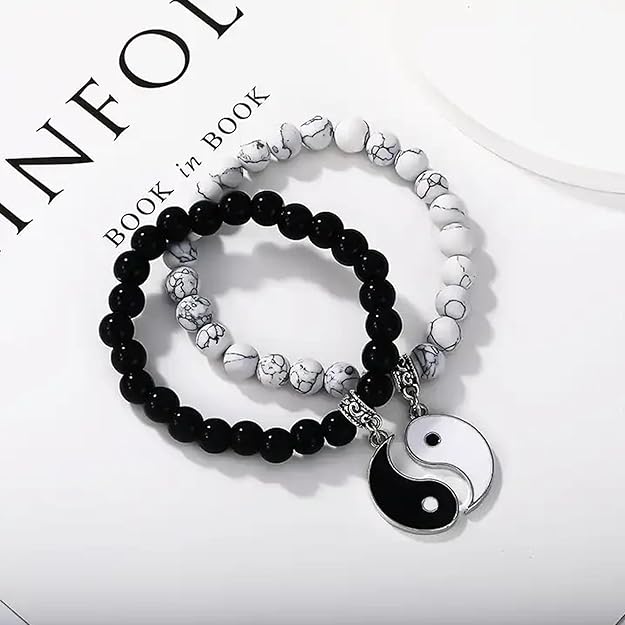 Yin-Yang Couple Bracelets Set – Matching Black & White Beaded Charm Bracelets for Lovers