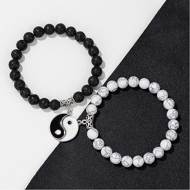 Yin-Yang Couple Bracelets Set – Matching Black & White Beaded Charm Bracelets for Lovers
