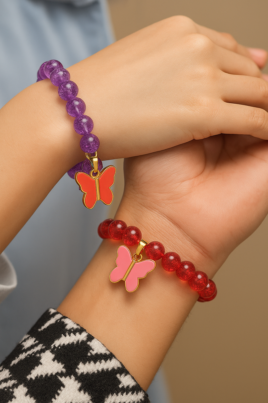 Set of 2 Butterfly Charm Beaded Cuple Bracelets – Pink & Black Crystal Design