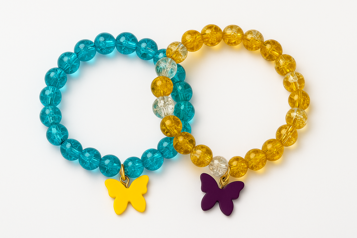 Butterfly Cuple Charm Beaded Bracelets – Set of 2 Colorful Elastic Bands