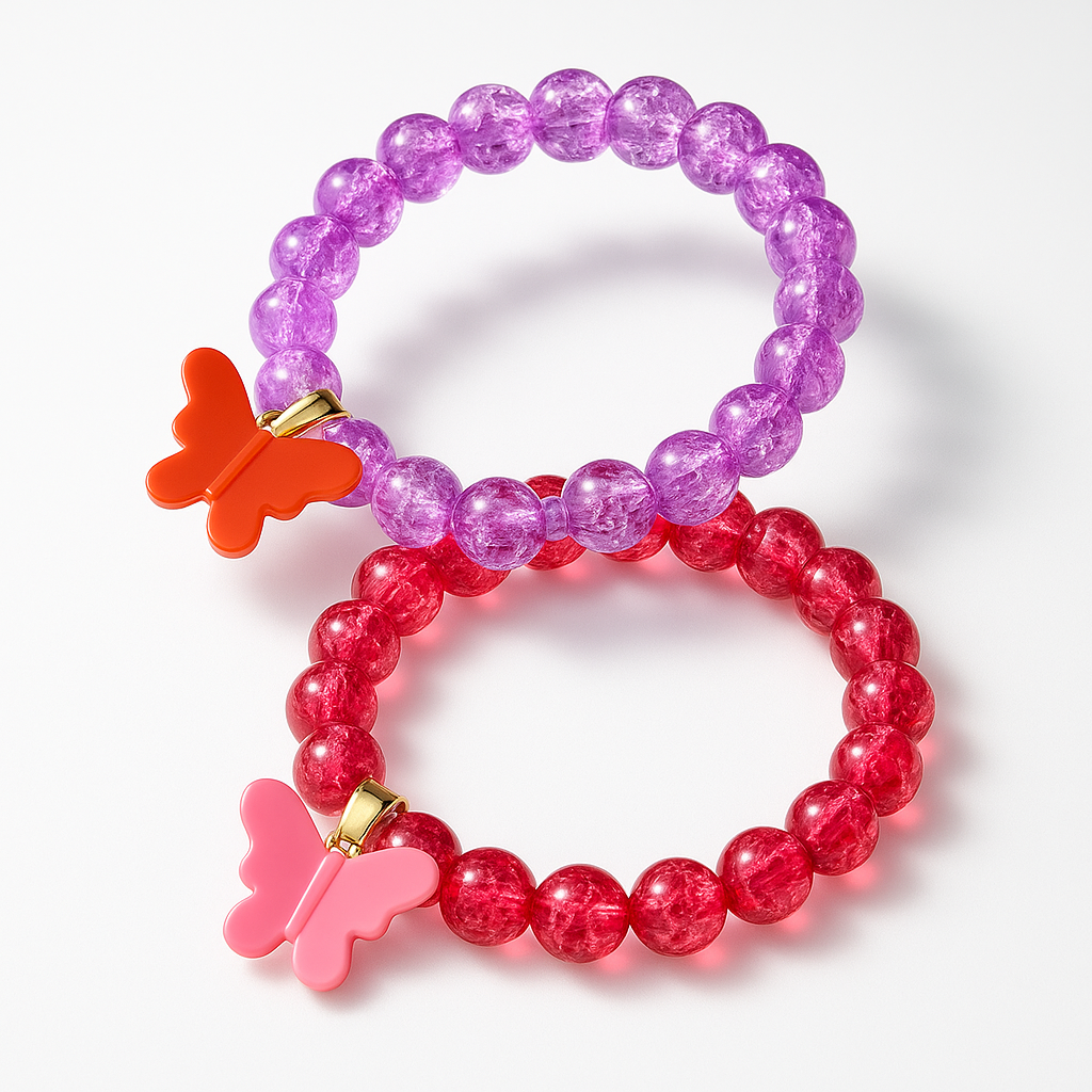 Set of 2 Butterfly Charm Beaded Cuple Bracelets – Pink & Black Crystal Design