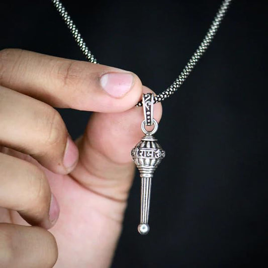 "Shree Ram Mace (Gada) Pendant Necklace – Antique Silver Finish"