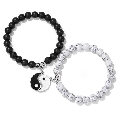 Yin-Yang Couple Bracelets Set – Matching Black & White Beaded Charm Bracelets for Lovers