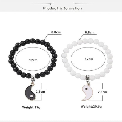 Yin-Yang Couple Bracelets Set – Matching Black & White Beaded Charm Bracelets for Lovers