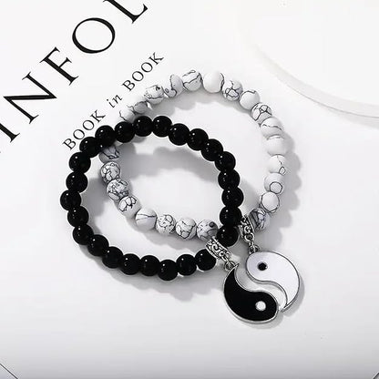 Yin-Yang Couple Bracelets Set – Matching Black & White Beaded Charm Bracelets for Lovers