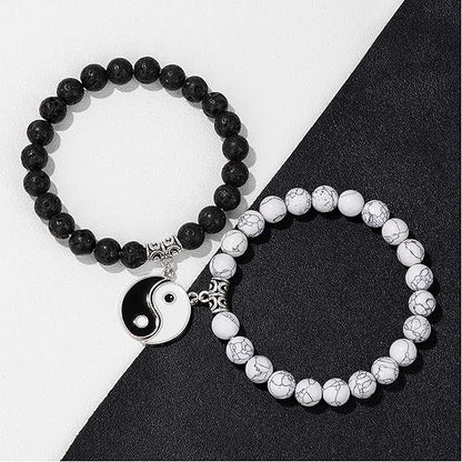Yin-Yang Couple Bracelets Set – Matching Black & White Beaded Charm Bracelets for Lovers