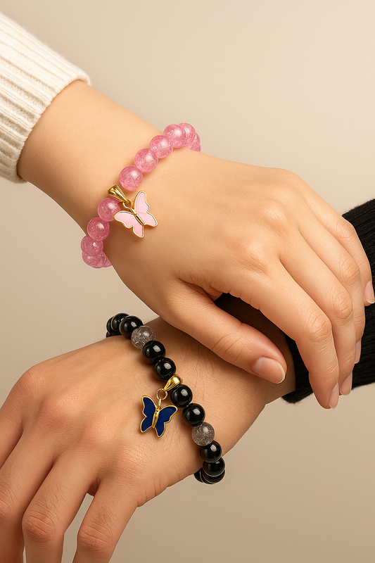 Butterfly Cuple Charm Beaded Bracelets – Set of 2 (Pink & Black)