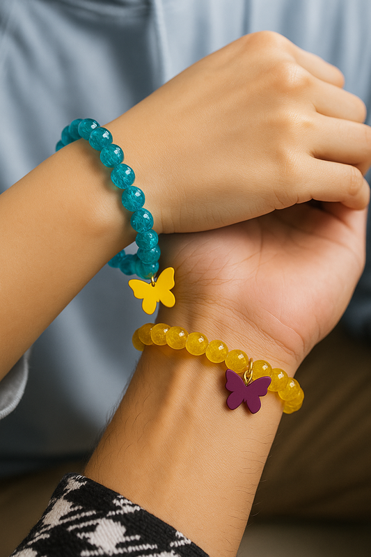 Butterfly Cuple Charm Beaded Bracelets – Set of 2 Colorful Elastic Bands