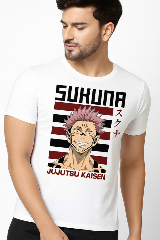 Anime T-Shirt – Sukuna Jujutsu Kaisen Printed White T-Shirt | Premium Polyester Regular Fit