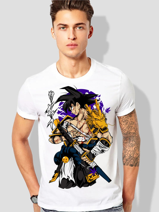 Anime Warrior Print White T-Shirt – Men’s Round Neck Casual Tee